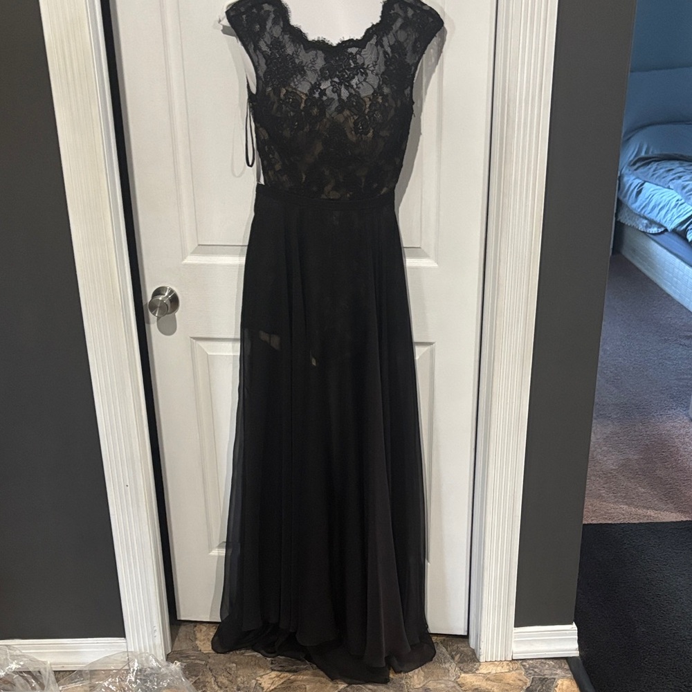 La Femme Elegant Black Lace Prom Dress